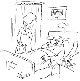 Cartoon by S. Harris: "Turns out I liked the disease better than the side effects of the drugs...".